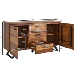 Massivholz Sideboard 145cm Sheesham Design Kommode mit 2 Türen & 3 Schubladen Baumkante