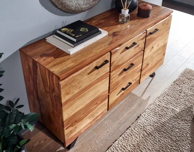 Massivholz Sideboard 145cm Sheesham Design Kommode mit 2 Türen & 3 Schubladen Baumkante