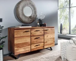 Massivholz Sideboard 145cm Sheesham Design Kommode mit 2 Türen & 3 Schubladen Baumkante