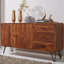 Massivholz Sideboard 145cm Sheesham Natur Kommode mit 2 Türen & 3 Schubladen modernes Design