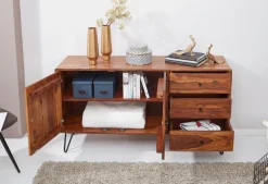 Massivholz Sideboard 145cm Sheesham Natur Kommode mit 2 Türen & 3 Schubladen modernes Design