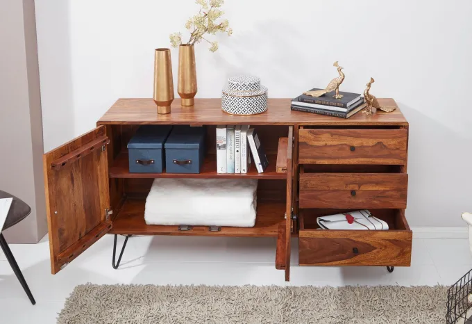 Massivholz Sideboard 145cm Sheesham Natur Kommode mit 2 Türen & 3 Schubladen modernes Design