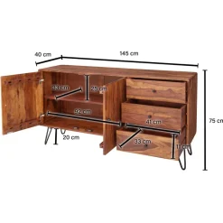 Massivholz Sideboard 145cm Sheesham Natur Kommode mit 2 Türen & 3 Schubladen modernes Design