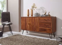 Massivholz Sideboard 145cm Sheesham Natur Kommode mit 2 Türen & 3 Schubladen modernes Design