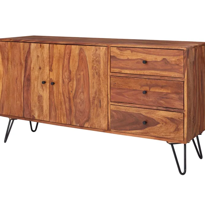 Massivholz Sideboard 145cm Sheesham Natur Kommode mit 2 Türen & 3 Schubladen modernes Design