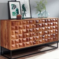 Massivholz Sideboard 145cm Sheesham Kommode mit 2 Türen & 3 Schubladen Retro 3D Design