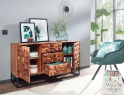 Massivholz Sideboard 145cm Sheesham Kommode mit 2 Türen & 3 Schubladen Retro 3D Design