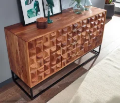 Massivholz Sideboard 145cm Sheesham Kommode mit 2 Türen & 3 Schubladen Retro 3D Design