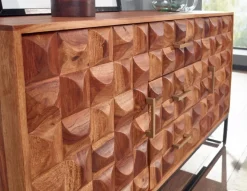 Massivholz Sideboard 145cm Sheesham Kommode mit 2 Türen & 3 Schubladen Retro 3D Design
