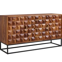 Massivholz Sideboard 145cm Sheesham Kommode mit 2 Türen & 3 Schubladen Retro 3D Design
