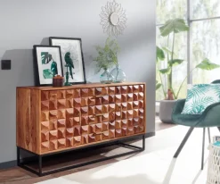 Massivholz Sideboard 145cm Sheesham Kommode mit 2 Türen & 3 Schubladen Retro 3D Design