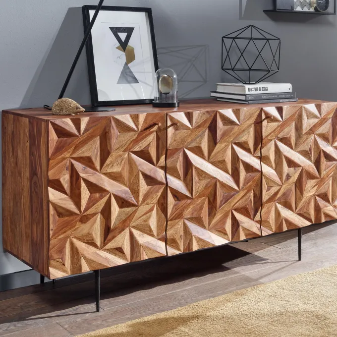 Massivholz Sideboard 145cm Sheesham Kommode mit 3 Türen Retro 3D Design Metall schwarz