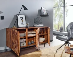 Massivholz Sideboard 145cm Sheesham Kommode mit 3 Türen Retro 3D Design Metall schwarz