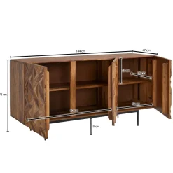 Massivholz Sideboard 145cm Sheesham Kommode mit 3 Türen Retro 3D Design Metall schwarz
