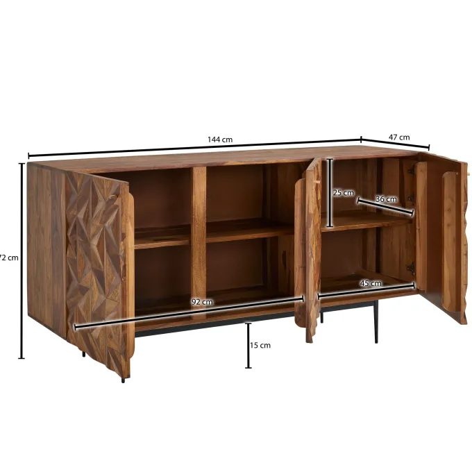 Massivholz Sideboard 145cm Sheesham Kommode mit 3 Türen Retro 3D Design Metall schwarz