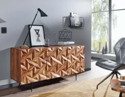 Massivholz Sideboard 145cm Sheesham Kommode mit 3 Türen Retro 3D Design Metall schwarz