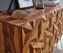Massivholz Sideboard 145cm Sheesham Kommode mit 3 Türen Retro 3D Design Metall schwarz