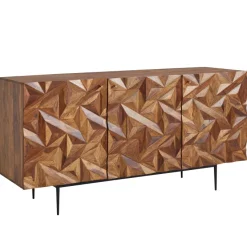 Massivholz Sideboard 145cm Sheesham Kommode mit 3 Türen Retro 3D Design Metall schwarz