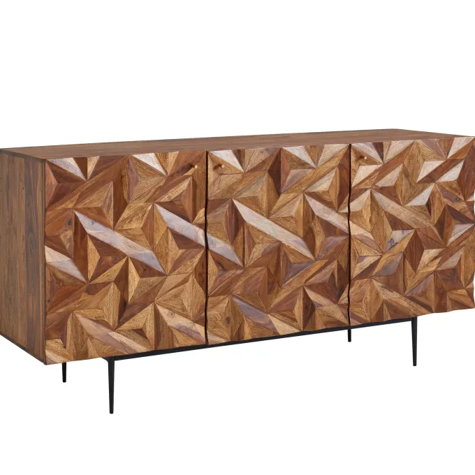 Massivholz Sideboard 145cm Sheesham Kommode mit 3 Türen Retro 3D Design Metall schwarz