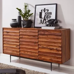 Massivholz Sideboard 150cm Sheesham Kommode mit 3 Türen 3D Design Metall schwarz