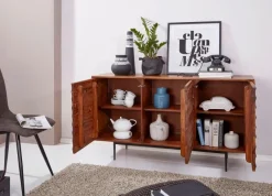 Massivholz Sideboard 150cm Sheesham Kommode mit 3 Türen 3D Design Metall schwarz
