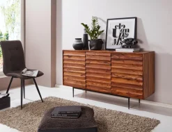 Massivholz Sideboard 150cm Sheesham Kommode mit 3 Türen 3D Design Metall schwarz