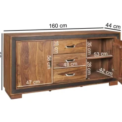 Massivholz Sideboard 160cm Sheesham Kommode mit 2 Türen & 3 Schubladen aufwendige Lederumrandung