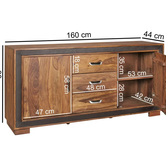Massivholz Sideboard 160cm Sheesham Kommode mit 2 Türen & 3 Schubladen aufwendige Lederumrandung
