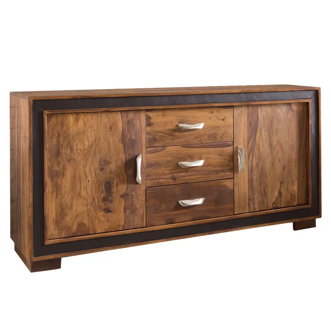 Massivholz Sideboard 160cm Sheesham Kommode mit 2 Türen & 3 Schubladen aufwendige Lederumrandung