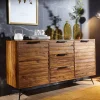 Massivholz Sideboard 160cm Sheesham Kommode mit 2 Türen & 3 Schubladen Industrial Design Metall schwarz