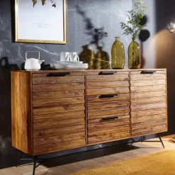 Massivholz Sideboard 160cm Sheesham Kommode mit 2 Türen & 3 Schubladen Industrial Design Metall schwarz