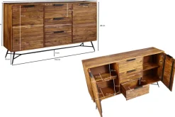 Massivholz Sideboard 160cm Sheesham Kommode mit 2 Türen & 3 Schubladen Industrial Design Metall schwarz