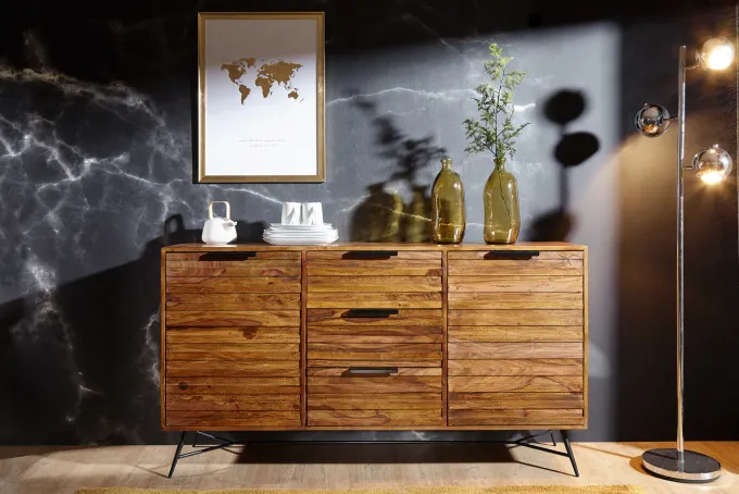 Massivholz Sideboard 160cm Sheesham Kommode mit 2 Türen & 3 Schubladen Industrial Design Metall schwarz