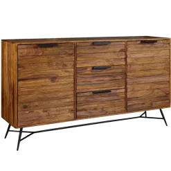 Massivholz Sideboard 160cm Sheesham Kommode mit 2 Türen & 3 Schubladen Industrial Design Metall schwarz