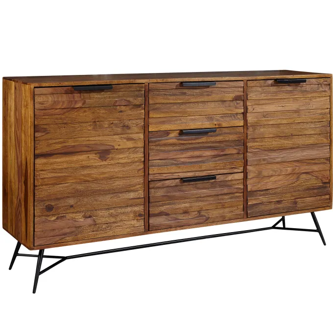 Massivholz Sideboard 160cm Sheesham Kommode mit 2 Türen & 3 Schubladen Industrial Design Metall schwarz