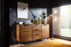 Massivholz Sideboard 160cm Sheesham Kommode mit 2 Türen & 3 Schubladen Industrial Design Metall schwarz
