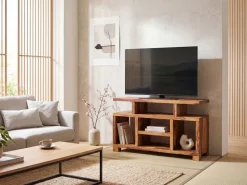 Massivholz Sideboard 115cm Sheesham Natur Kommode mit viel Ablage Fernsehkommode TV Schrank für Fernseher