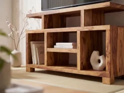 Massivholz Sideboard 115cm Sheesham Natur Kommode mit viel Ablage Fernsehkommode TV Schrank für Fernseher