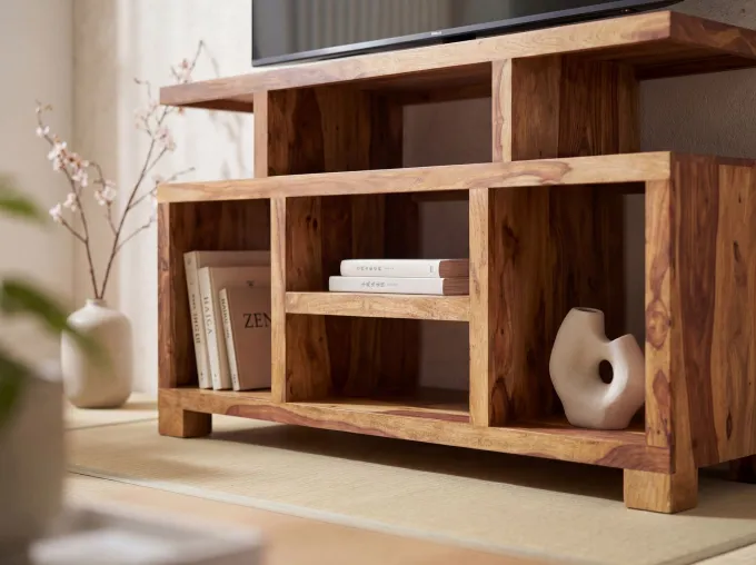 Massivholz Sideboard 115cm Sheesham Natur Kommode mit viel Ablage Fernsehkommode TV Schrank für Fernseher