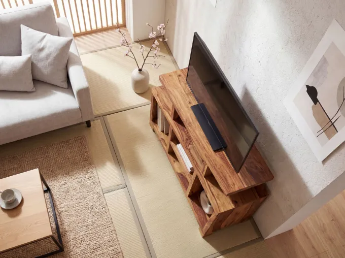Massivholz Sideboard 115cm Sheesham Natur Kommode mit viel Ablage Fernsehkommode TV Schrank für Fernseher