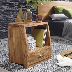 Nachtkommode Sheesham Massivholz Schublade & Ablage Nachttisch Nachtkästchen