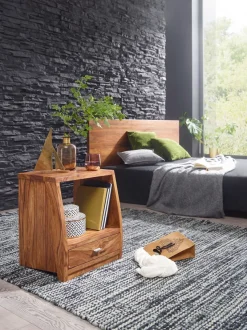 Nachtkommode Sheesham Massivholz Schublade & Ablage Nachttisch Nachtkästchen