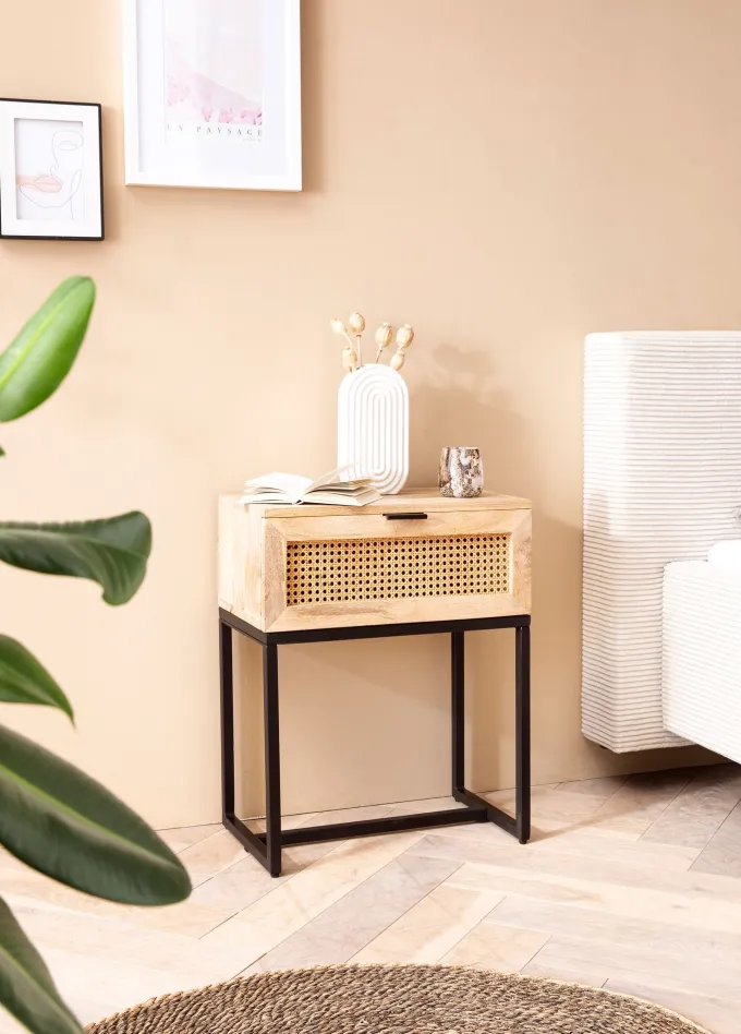 Nachtkonsole Massivholz Rattan Nachttisch Schublade Nachtkästchen Boxspringbett