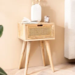 Nachtkonsole Massivholz Rattan & Schublade Nachttisch Boho Design Nachtkästchen
