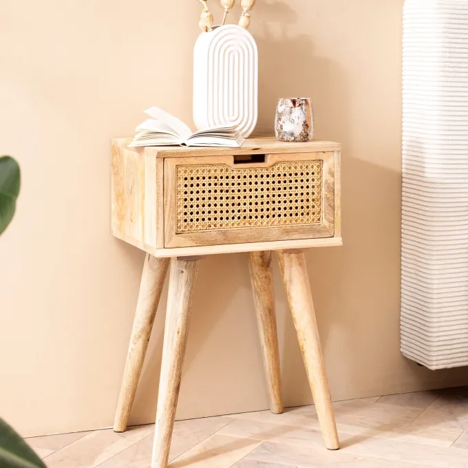 Nachtkonsole Massivholz Rattan & Schublade Nachttisch Boho Design Nachtkästchen