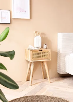 Nachtkonsole Massivholz Rattan & Schublade Nachttisch Boho Design Nachtkästchen