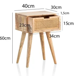 Nachtkonsole Massivholz Rattan & Schublade Nachttisch Boho Design Nachtkästchen
