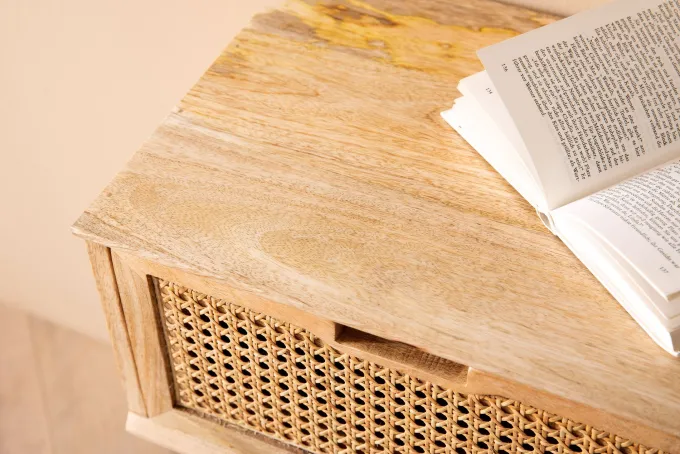 Nachtkonsole Massivholz Rattan & Schublade Nachttisch Boho Design Nachtkästchen