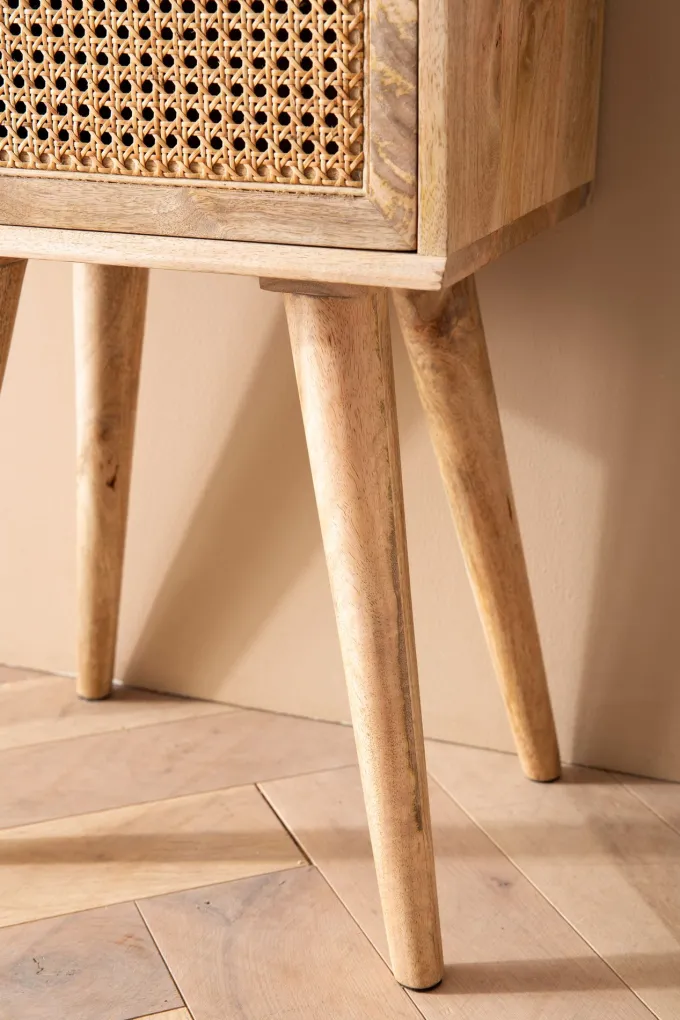 Nachtkonsole Massivholz Rattan & Schublade Nachttisch Boho Design Nachtkästchen