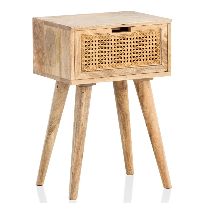 Nachtkonsole Massivholz Rattan & Schublade Nachttisch Boho Design Nachtkästchen